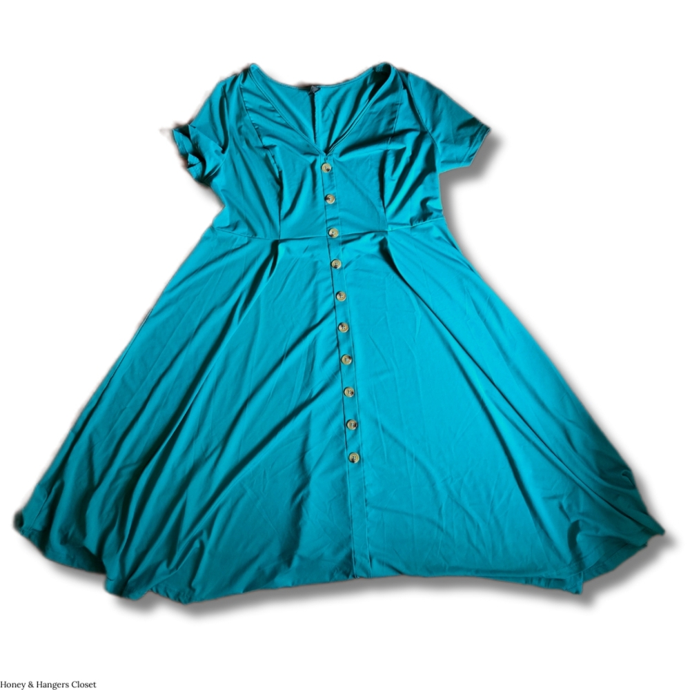 Stylish Turquoise Button Detail Midi Dress | Size - 2XL
